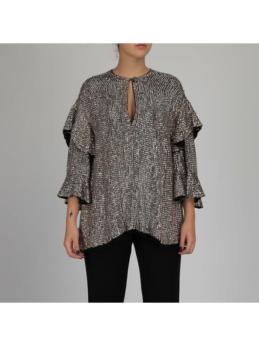 ISABEL Marant Metallic Silver Sequin Ruffle Top Sz Medium Womens Ruffle Sleeve